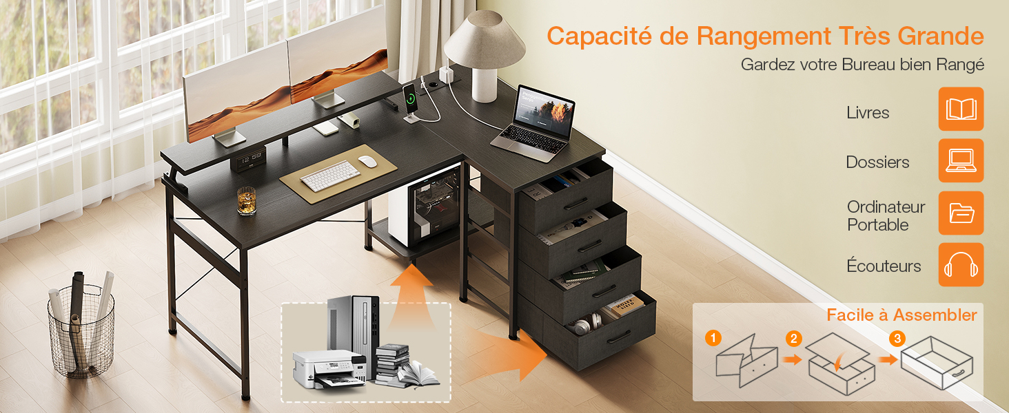 Le texte indique « Guide chronologique de la capacité de rangement ». Série de configurations de bureaux connectés présentant des configurations linéaires et en forme de L avec des solutions de rangement en finition blanche et bois.