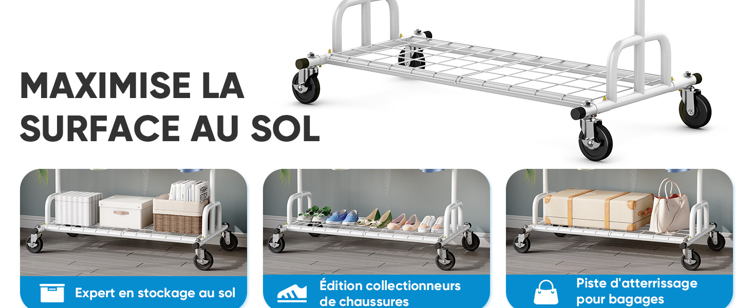 Le texte indique « MAXIMISER LA SURFACE AU SOL ». Schémas techniques illustrant le système de rayonnage de stockage mobile avec roues et composants réglables.