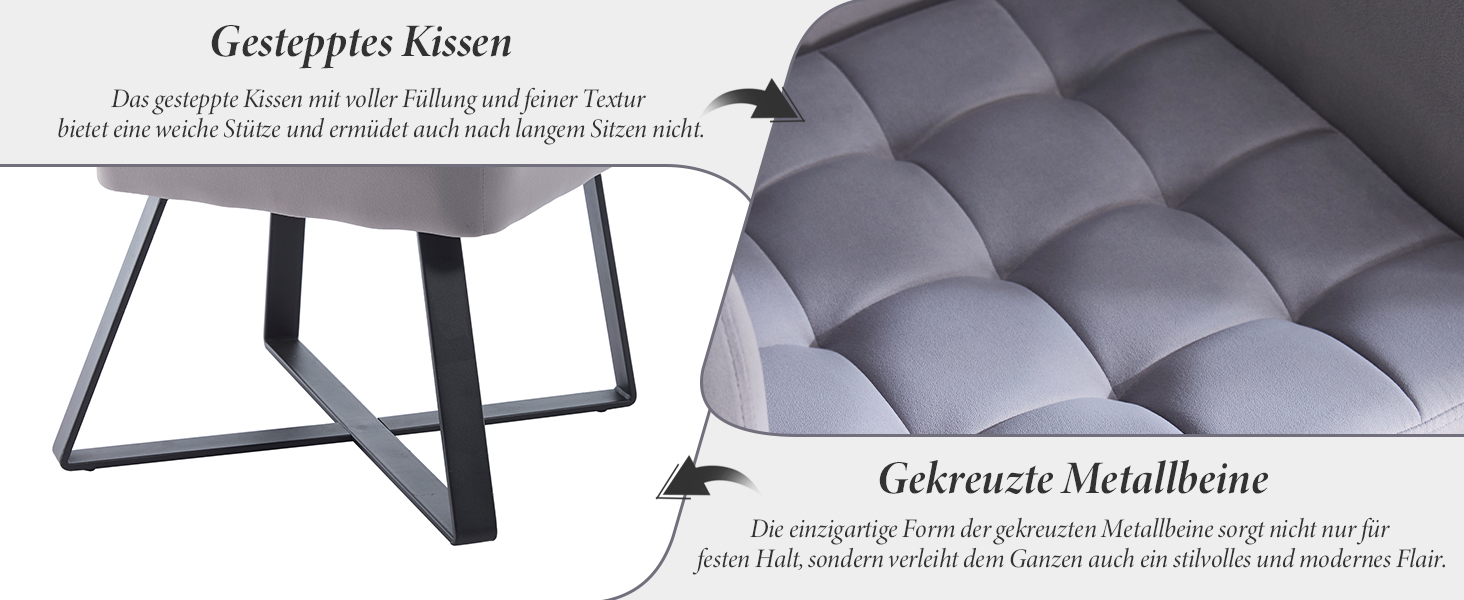 Moderner grauer gesteppter Kissensitz mit geometrischem Metallsockel.