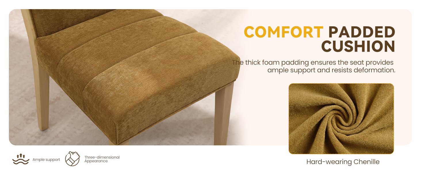 Text reads 'COMFORT PADDED CUSHION'. Multiple views of textured brown cushion showing fabric detail and padding thickness.