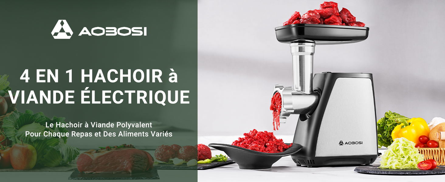 avec corps en acier inoxydable et récipient supérieur en plastique transparent. Présenté avec de la viande hachée et des légumes.
