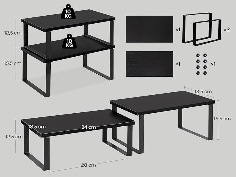 Schémas techniques des produits montrant les dimensions et les vues de montage d'une table ou d'une plate-forme rectangulaire noire avec structure en métal. Affichage de plusieurs angles et mesures.