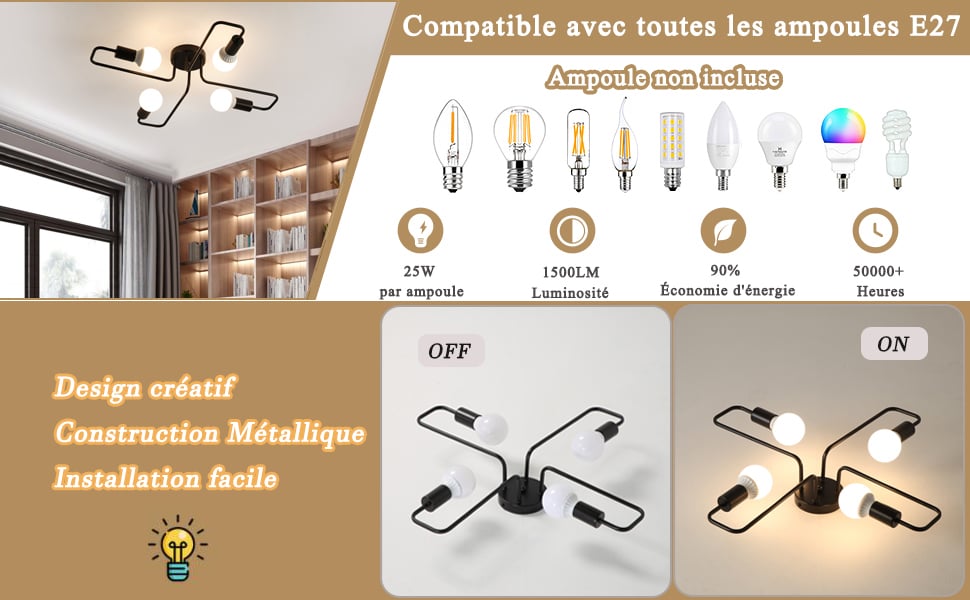 Plafonnier Vintage E27 Base 5 Lampe Lampe De Plafond Pour Salon Chambre A Coucher Salle A Manger Bureau 89721997