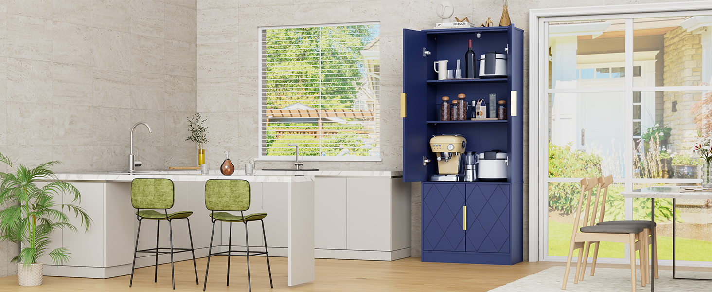 Design d'intérieur moderne présentant des styles de décoration d'intérieur à écran partagé. Le côté gauche présente des meubles minimalistes en blanc et en bois ; le côté droit montre une armoire bleue traditionnelle avec des étagères et une esthétique vintage.