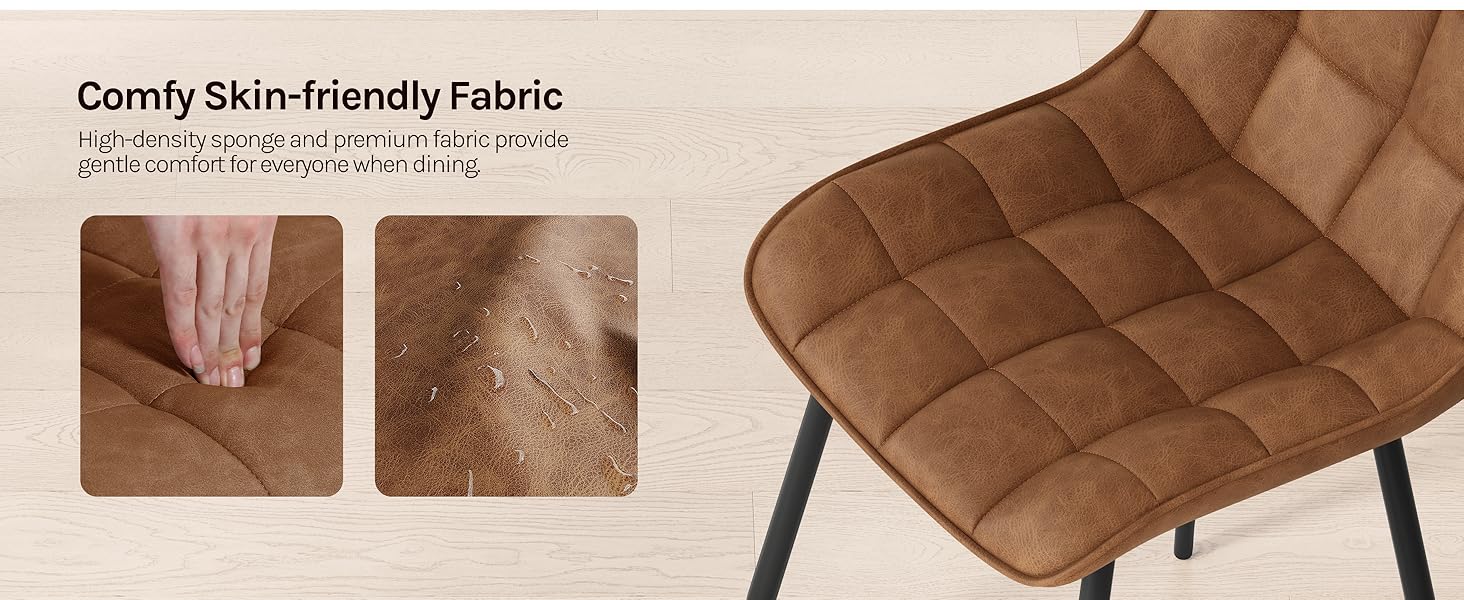 Text reads 'Comfy Skin-friendly Fabric' showing brown upholstered furniture piece with detail shots of fabric texture and material quality.