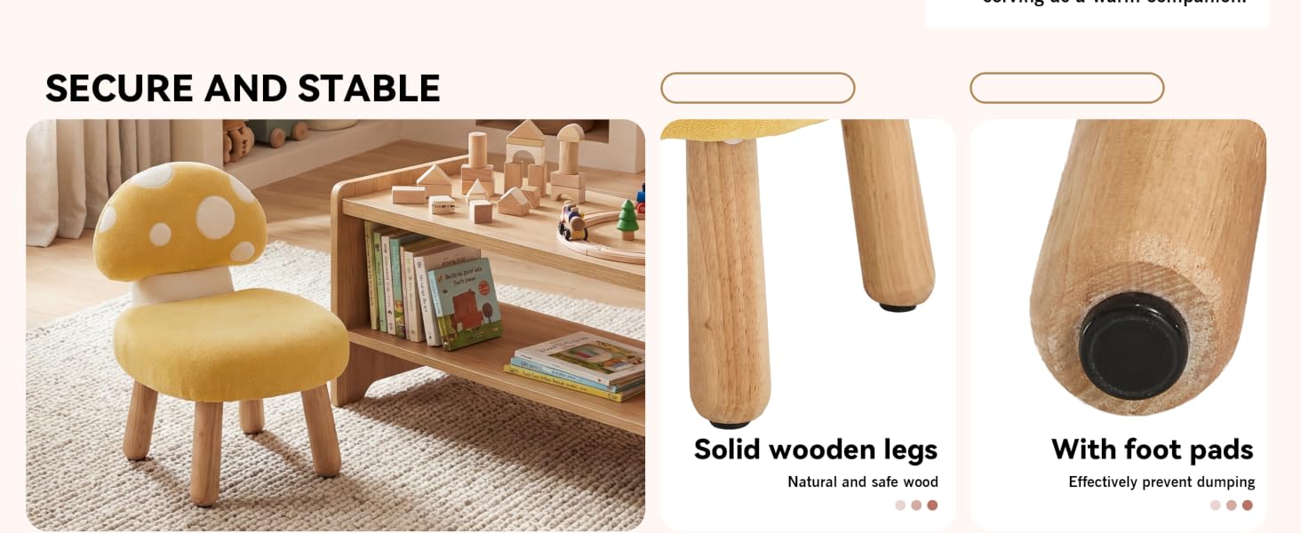 Text reads 'SECURE AND STABLE'. Product features diagram showing wooden legs and foot pads for furniture stability and floor protection.
