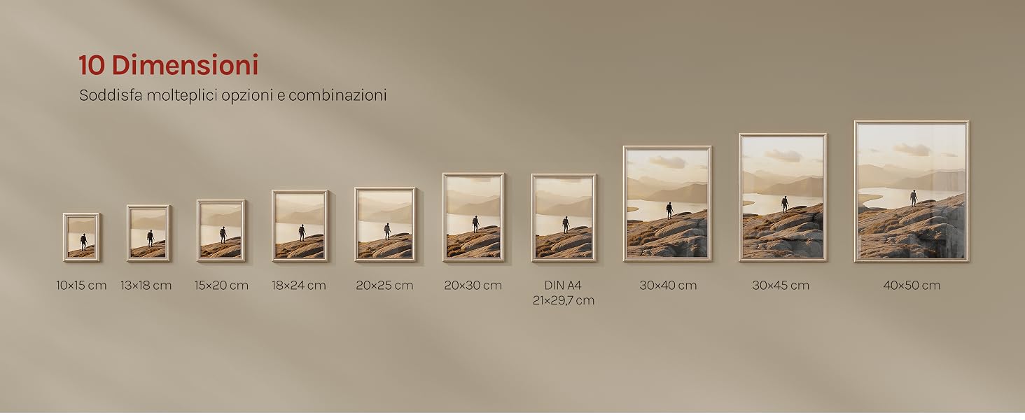 Il testo dice «Dimensioni 3D» con il sottotitolo «Mostra 3 dimensioni per una cornice più grande». Griglia che mostra diverse opzioni di dimensione della cornice per foto etichettate con le dimensioni.