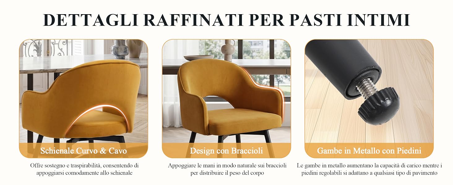 Il testo recita «DETTAGLI RAFFINATI PER PASTI INTIMI». Sono mostrate tre immagini del prodotto: poltrona color senape, dettagli della sedia abbinati e dispositivo portatile nero con vista ingrandita.