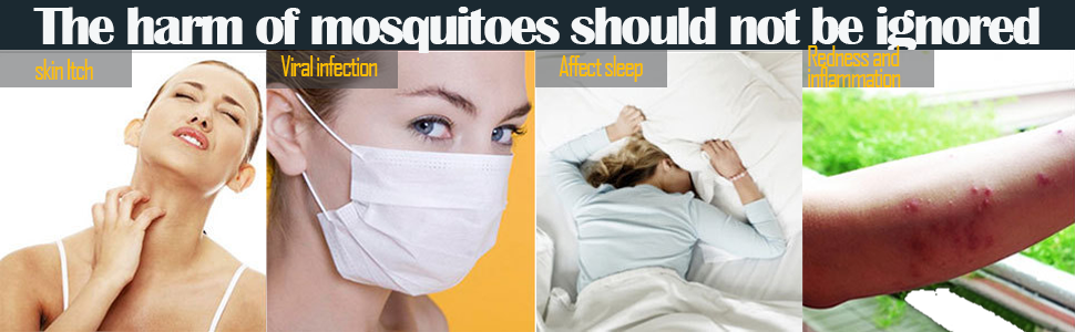 Collage d'images liées aux moustiques : personne se grattant le cou, individu masqué, personne endormie sous une moustiquaire, bras piqué par un insecte et moustique sur la peau. Le texte met en garde contre les dommages causés par les moustiques.