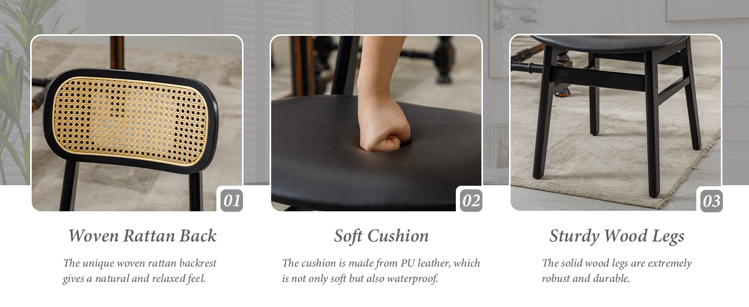 Composite image of chair parts: woven rattan backrest, cushioned seat with hand pressing to show softness, and sturdy wooden legs with black finish.