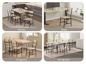 Four-panel image showing a wooden dining set in different room settings: kitchen, study, living room, and dining room. Set includes table and chairs.