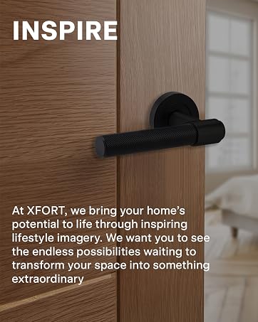 Black door handle on wooden door. Text 'INSPIRE' visible. Additional marketing text about XFORT's home design services partially visible.