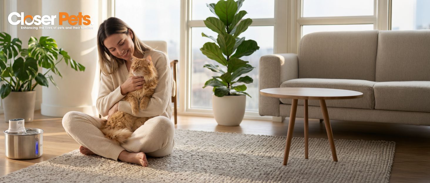Woman sits on floor in light-filled living room with potted green plant, modern furniture, and neutral decor visible behind her.