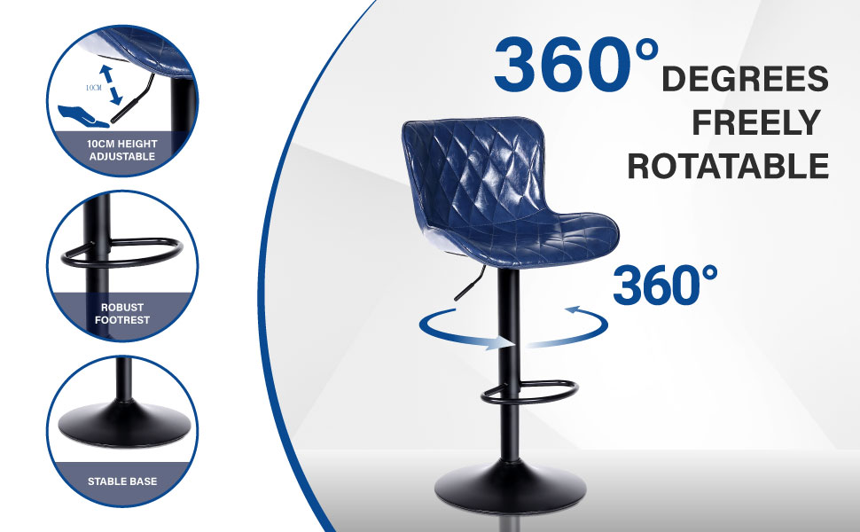 Text reads 'Image 2' and '360° DEGREES FREELY ROTATABLE'. Product features shown with icons: adjustable height, 360-degree swivel, and weighted base. Blue quilted bar stool design.