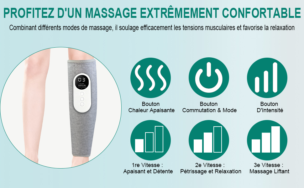Le texte indique « PROFITEZ D'UN MASSAGE EXTRÊMEMENT CONFORTABLE ». Rangée d'icônes de couleur turquoise montrant différentes caractéristiques liées au massage ou au confort avec des indicateurs de notation.