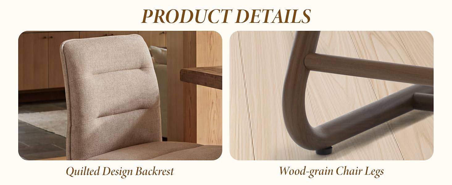 Text reads 'PRODUCT DETAILS', 'Quilted Design Backrest', 'Wood grain Chair Legs'. Close-up details of beige upholstered furniture showing quilted pattern and wooden legs.