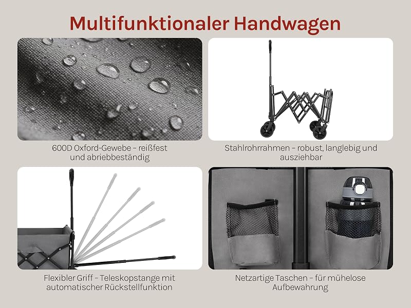 Der Text lautet „Multifunktionaler Handwagen“ und zeigt einen faltbaren Bollerwagen mit wasserfester Oberfläche, rollbarem Standfuß und Tragegriffen aus verschiedenen Winkeln.