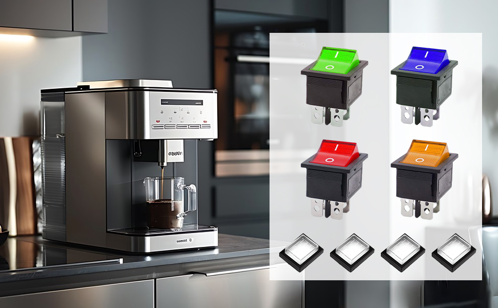 Built-in coffee machine with stainless steel finish, shown alongside colored button or switch components in red, blue, green, and orange.