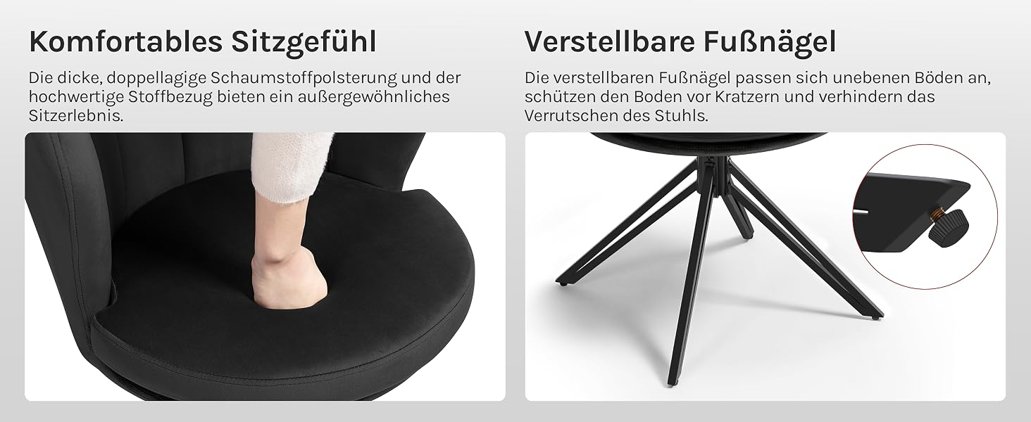 Der Text lautet „Komfortables Sitzgefühl“ und „Verstellbare Fußbügel“. Der schwarze Bürostuhl ist in der technischen Abbildung mit verstellbarer Fußstütze abgebildet.