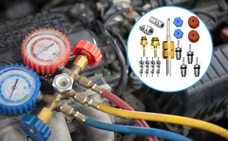 Automotive AC service gauges with colored hoses on car engine. Inset shows various AC system components including valves, adapters, and core removal tools.