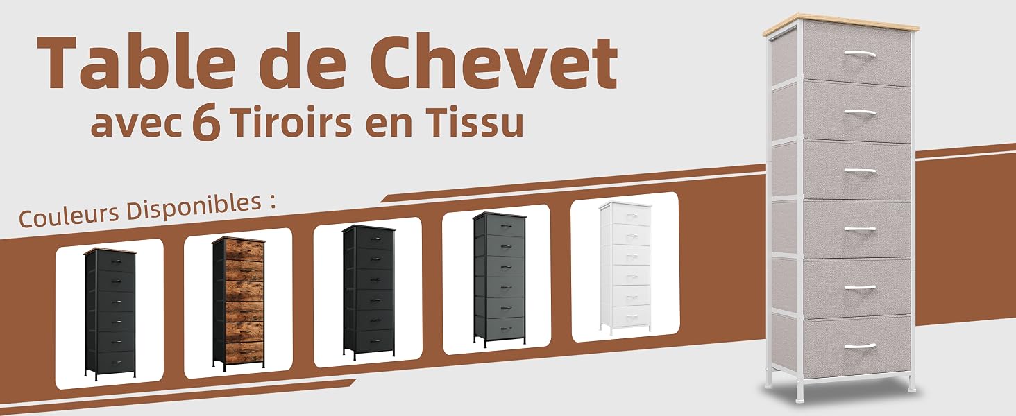 Le texte indique « Table de chevet avec 6 tiroirs en tissu » avec des options de couleur affichées. Identique à l'image 1, qui montre un meuble de rangement blanc avec des tiroirs en tissu et des échantillons de couleur.
