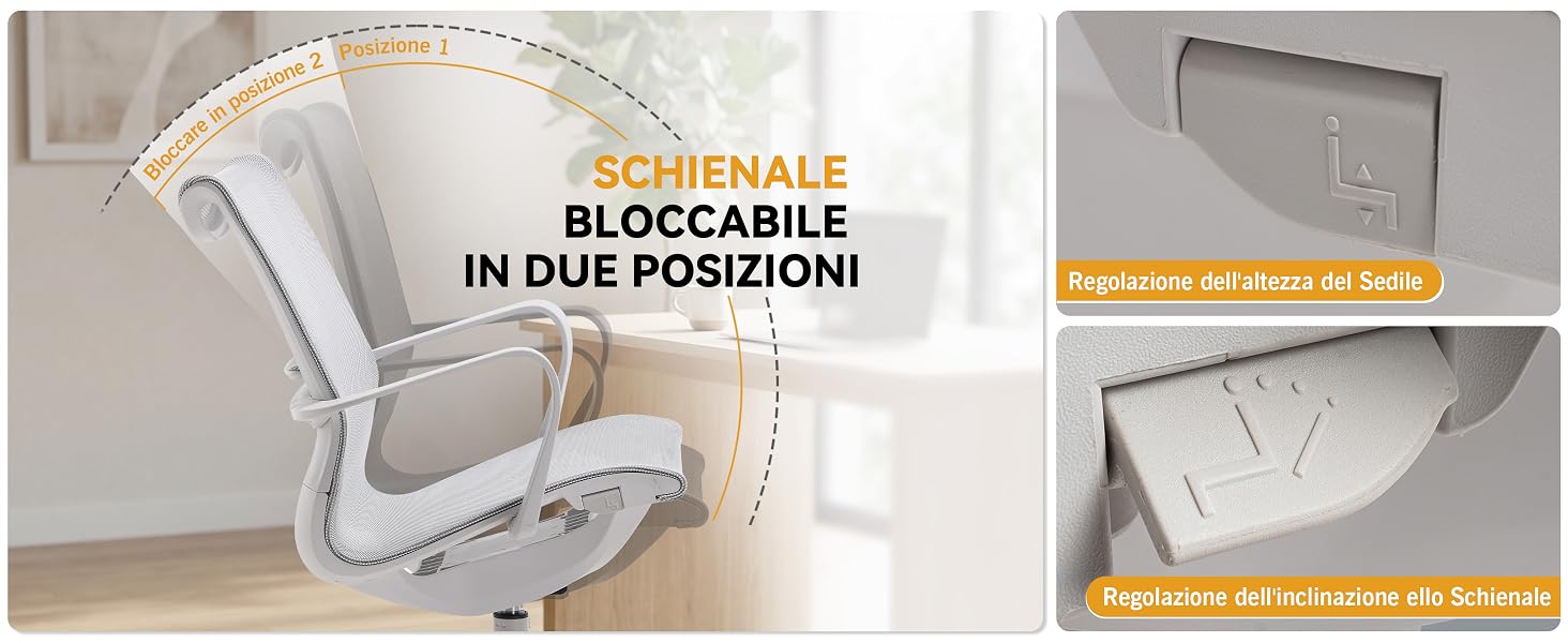 Il testo recita «BLOCCARE IN DUE POSIZIONI» mostrato sulla confezione bianca del prodotto che mostra una clip o un dispositivo di chiusura in plastica bianca in due angoli di visualizzazione.