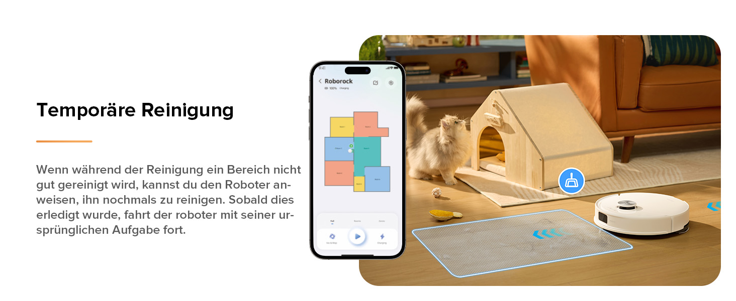 Roboterstaubsauger auf dem Boden in der Nähe des Smartphones, auf dem die Reinigungskarte angezeigt wird. Katzenbett und Katze sichtbar. Texteinblendung in Deutsch zur temporären Reinigungsfunktion