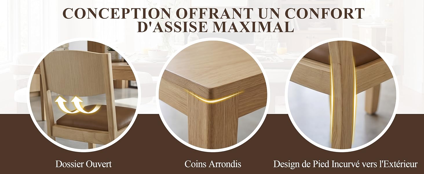 Le texte se lit comme suit : « CONCEPTION OFFRANT UN CONFORT D'ASSISE MAXIMAL ». Trois images circulaires détaillées du produit montrant : Dossier Ouvert (dossier ouvert), Coins Arrondis (coins arrondis) et Dessin de Pied Innovative sur l'Accotoir (design innovant de repose-pieds sur l'accoudoir).