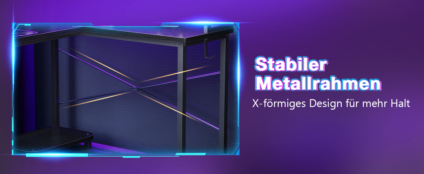 Metallrahmenkonstruktion mit X-förmigen Querstützen, hervorgehoben durch blaues Licht. Der Text weist auf „Stabiler Metallrahmen“ hin und erwähnt ein X-förmiges Design