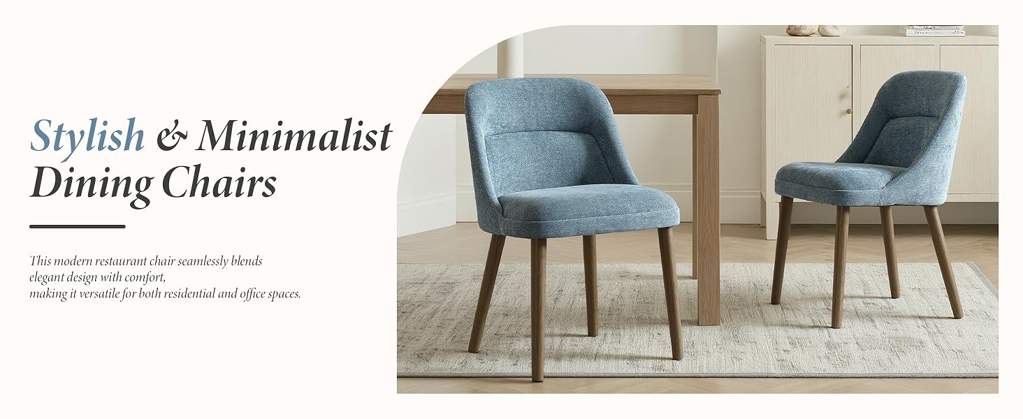 Text reads 'Stylish &amp; Minimalist' and 'Dining Chairs'. Modern upholstered dining chairs in gray/blue tones shown from multiple angles.