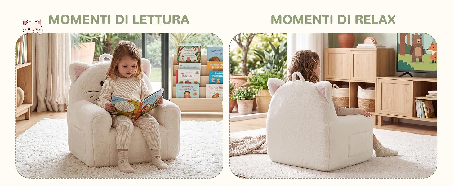 Il testo recita «MOMENTI DI LETTURA» e «MOMENTI DI RELAX». Immagine divisa che mostra un bambino che legge su una poltrona a sacco color crema a sinistra, un adulto che si rilassa su una sedia simile a destra nelle impostazioni domestiche.