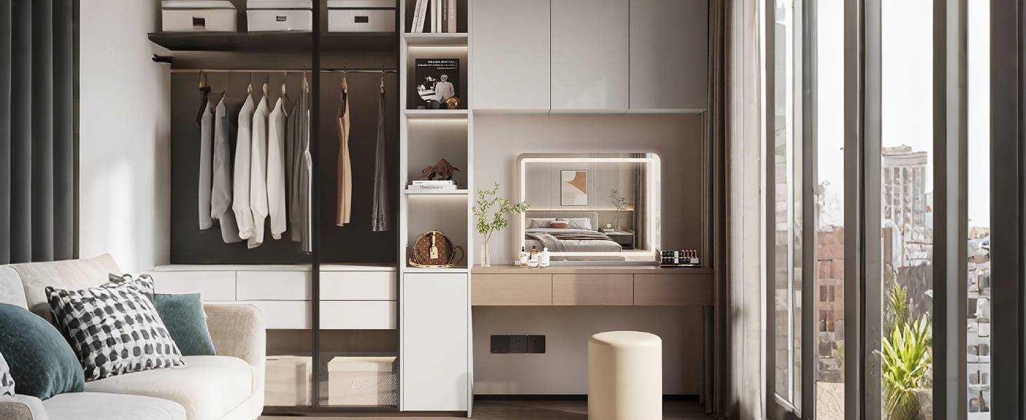 Modern wardrobe interior with sliding glass doors, showing organized clothing storage and built-in shelving units in neutral tones.