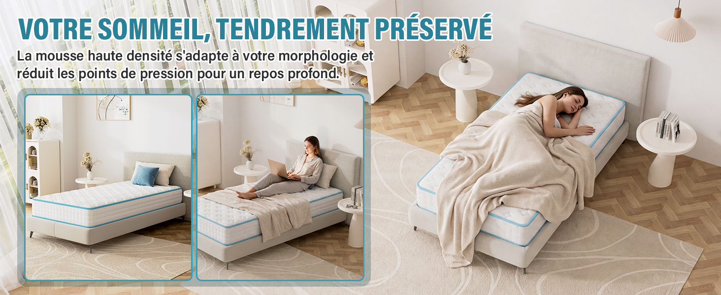 Le texte se lit comme suit : « VOTRE SOMMEIL, TENDREMENT PRÉSERVÉ » et « La mousse haute densité s'adapte à votre morphologie pour un confort optimal tout en préservant les points de pression du corps ». Matelas présenté en deux configurations avec une personne démontrant des caractéristiques de confort et de soutien.
