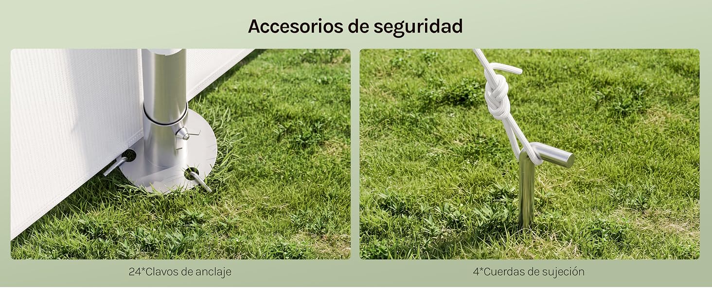 El texto dice «Accesorios de seguridad». Imagen de panel dividido que muestra un arnés de seguridad blanco para mascotas o una correa para un conejo en el césped al aire libre, en los paneles izquierdo y derecho.
