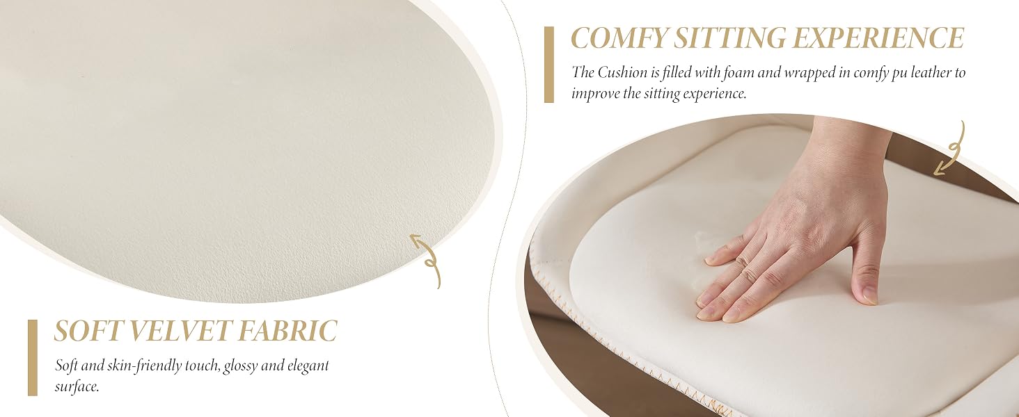 Text reads 'COMFY SITTING AND REST' and 'SOFT PLUSH FABRIC'. Close-up demonstration of hand pressing into what appears to be cushioned fabric surface.