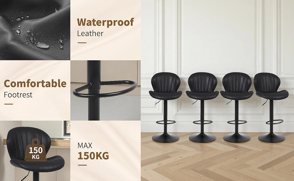 Text reads 'Waterproof', 'Comfortable', 'MAX 150KG'. Product showcase of four black bar stools with curved backs and adjustable height bases.