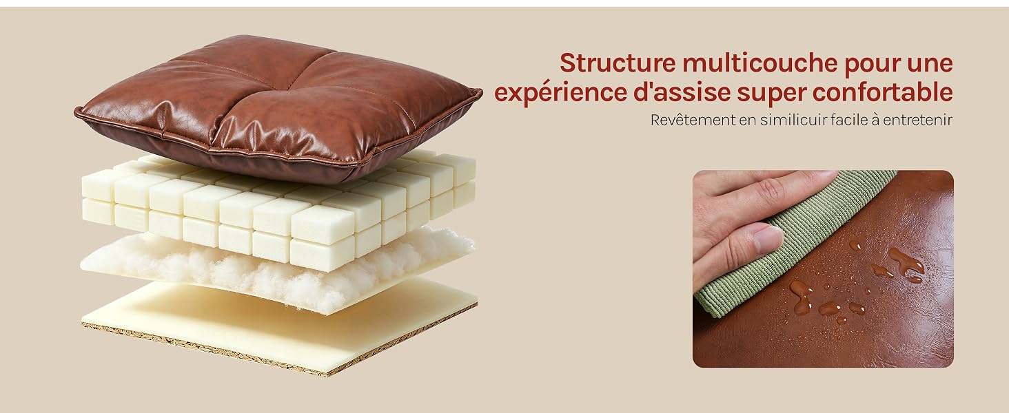 Le texte se lit comme suit : « Structura multisouche pour une expérience d'assise super confortable ». Coussin en cuir brun présenté en coupe transversale montrant une construction en couches : extérieur en cuir marron, noyau en mousse blanche et support en tissu avec détails de texture rapprochés.