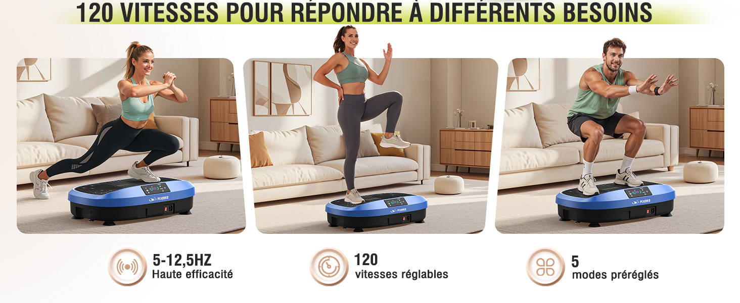 avec trois panneaux montrant les utilisateurs en train de faire de l'exercice. Comprend 120 vitesses, une plage de vibrations de 5 à 12,5 Hz et 5 modes préprogrammés. Des personnes font des démonstrations de fentes, de genoux hauts et de squats sur l'appareil