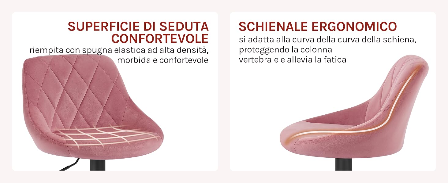 Sedia imbottita rosa con seduta trapuntata e schienale ergonomico. Due viste mostrano una comoda superficie di seduta e