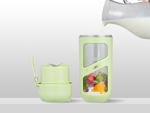 Tragbare Mixflasche in Mintgrün mit transparentem Sichtfenster, in dem frische Früchte zum Mixen aufbewahrt