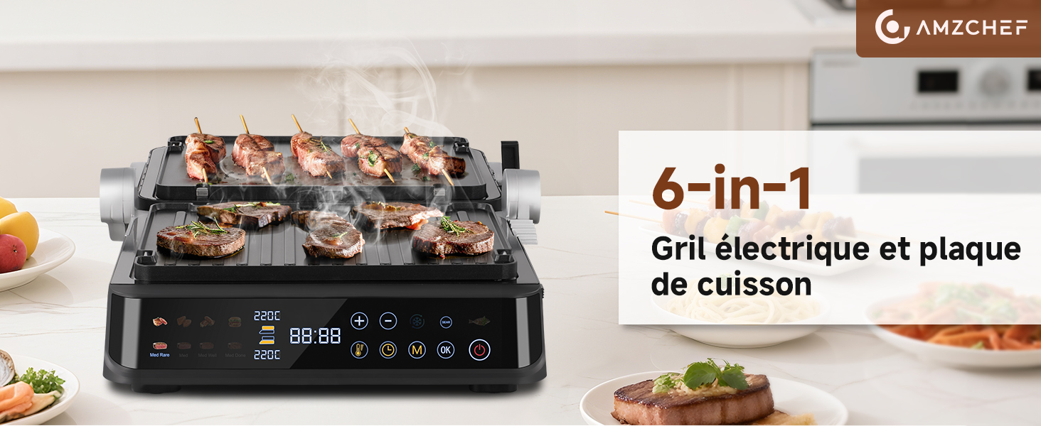 Le texte indique « Gril électrique et plaque de cuisson 6 en 1 ». Gril électrique avec plusieurs surfaces de cuisson et affichage numérique, affichant les aliments grillés sur le dessus.