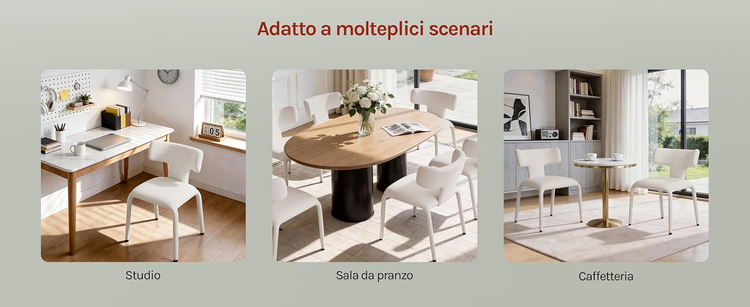 Il testo recita «Adatto a molteplici scenari». Serie di scene interne di stanze che mostrano varie composizioni di mobili e spazi abitativi in stile minimalista.