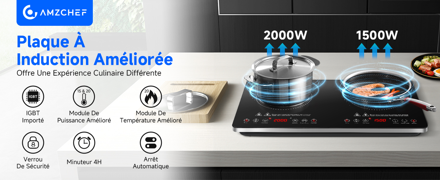 avec deux brûleurs, d'une puissance de 2 000 W et 1 500 W. Les fonctionnalités incluent des commandes tactiles, un arrêt automatique et plusieurs modes de cuisson. Le produit présente une technologie d'induction améliorée