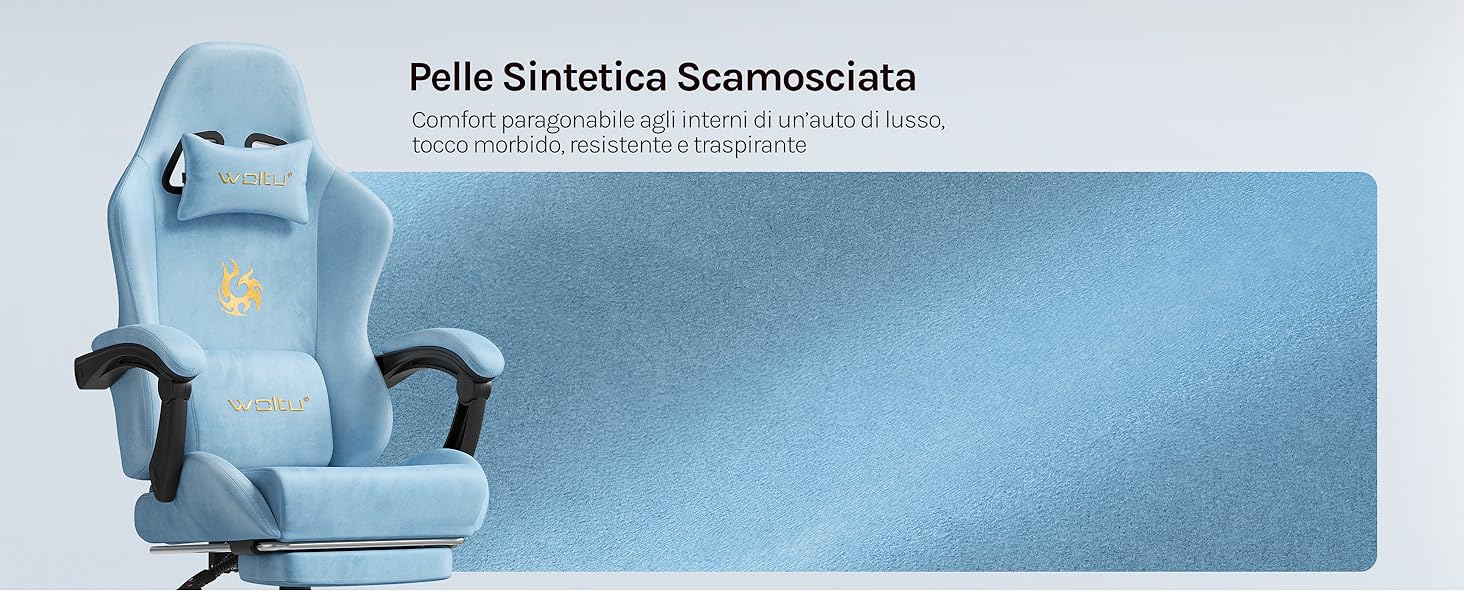 Il testo recita «Pelle Sintetica Spazzolata». Superficie testurizzata blu chiaro o campione di materiale con finitura spazzolata o lavorata visibile.