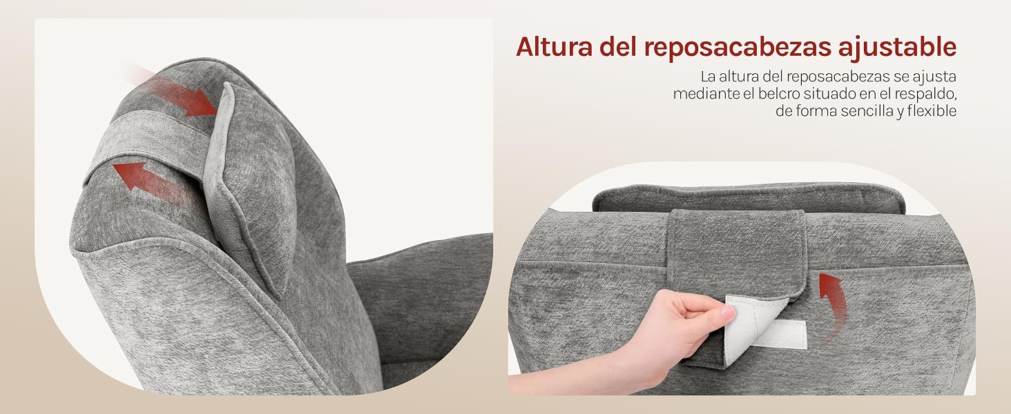 El texto dice «Altura de reposacabezas ajustable». El reposacabezas de tela gris con costuras decorativas en rojo se muestra desde varios ángulos, con un mecanismo de altura ajustable con una correa de ajuste manual.