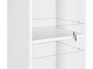Interior of a white cabinet or shelf unit with adjustable shelves. Blue arrows indicate vertical movement of a shelf.