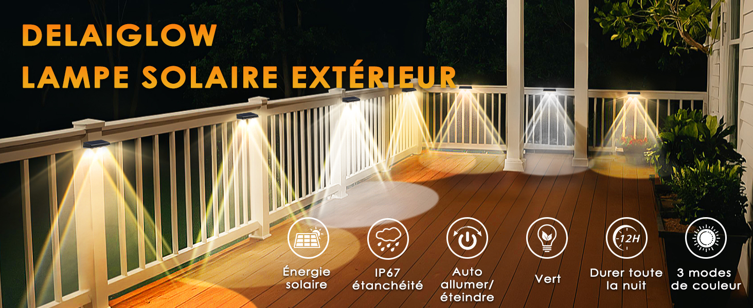 Lampes solaires extérieures pour terrasse illuminant une balaustra en bois la nuit. Les caractéristiques incluent l'énergie solaire, la conception étanche, l'activation/désactivation automatique et treis modes d'éclairage
