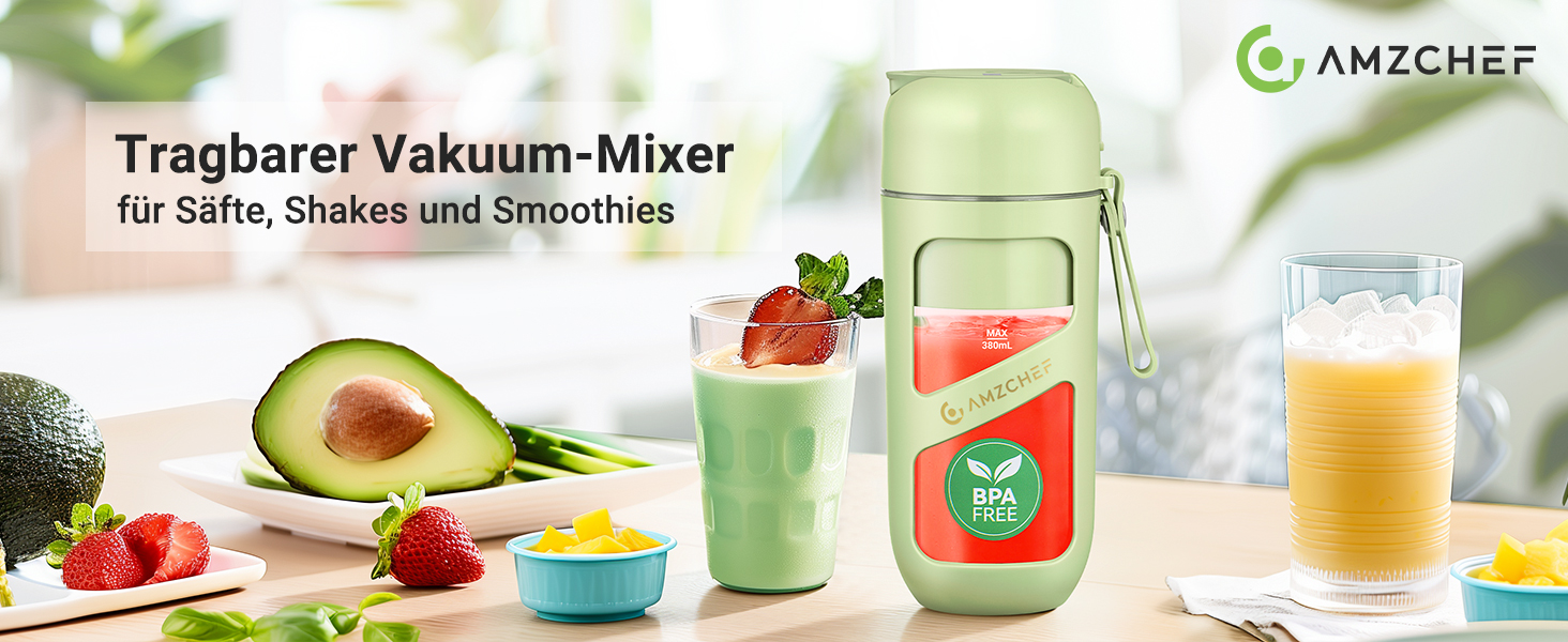 Tragbarer Vakuummischer für Smoothies und Shakes mit frischen Früchten, der neben anderen Getränkeoptionen auch grüne Smoothies im Einmachglas zeigt