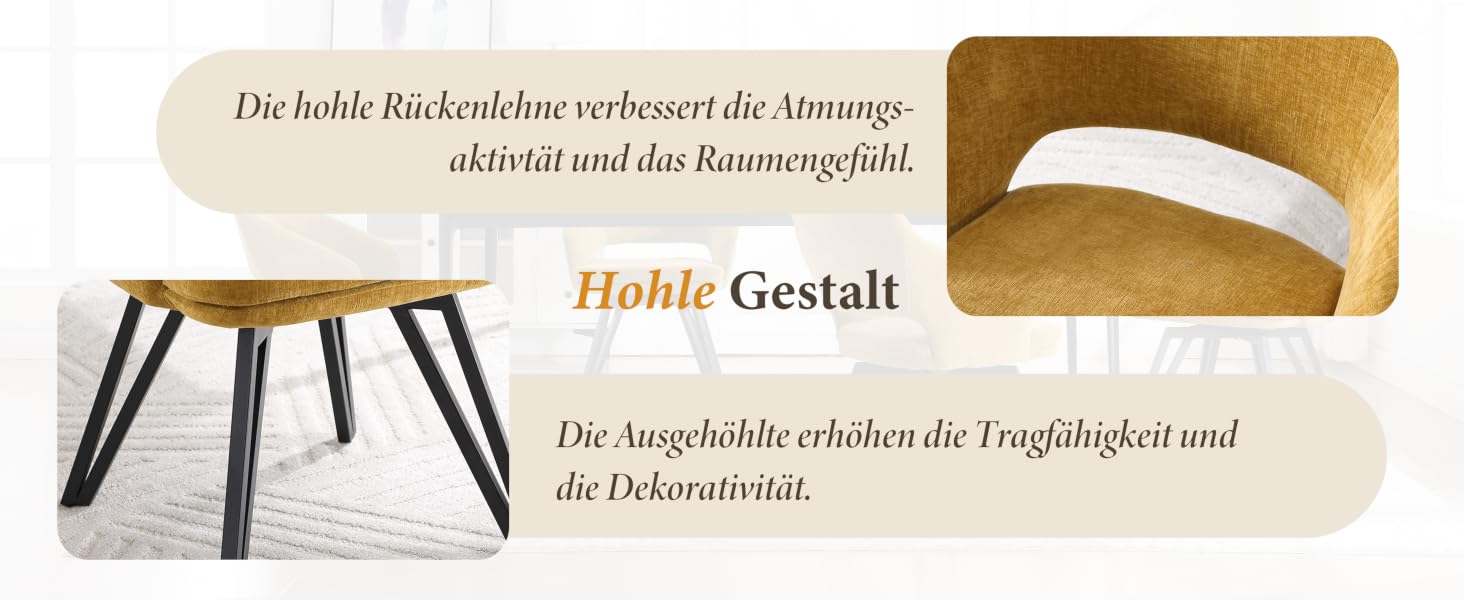 Der Text lautet „Hohle Gestalt“ und „Die hohle Rückenlehne verbessert die Strömungseigenschaften und die Raumwucht“. Architektur- oder Entwurfsdiagramm, das die Komponenten eines Stuhls zeigt.