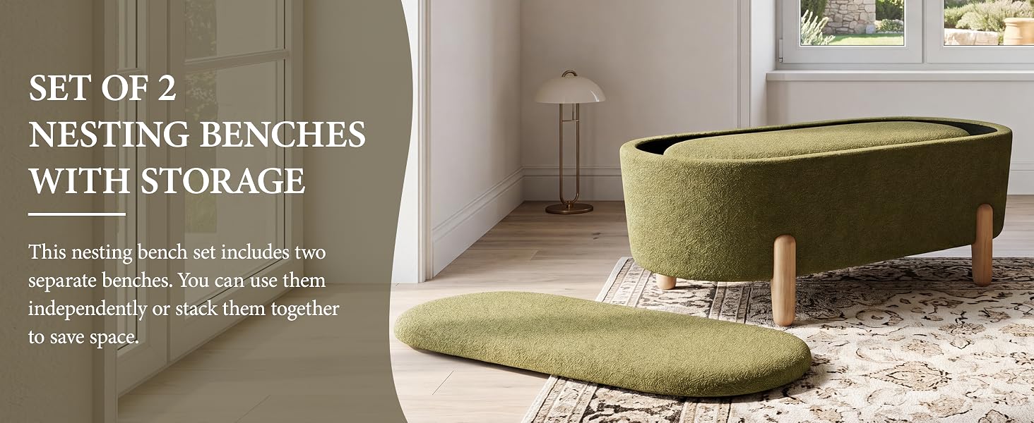 Text reads "SET OF 2 NESTING BENCHES WITH STORAGE. This nesting bench set includes two separate benches. You can use them independently or stack them together to save space. (Leg color)". Olive-green upholstered nesting benches with natural wood legs displayed in modern interior setting.